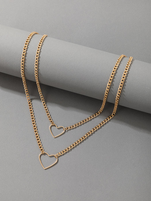 Gold Heart Double Layer Necklace with Geometric Alloy Hollow Multi-Layer Clavicle Chain