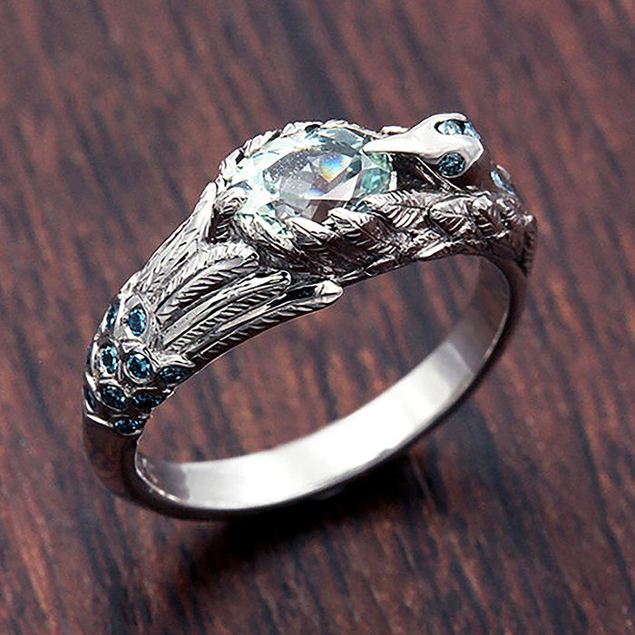 Creative hummingbird shape micro-inlaid aquamarine zircon ring, popular birthday gift accessories