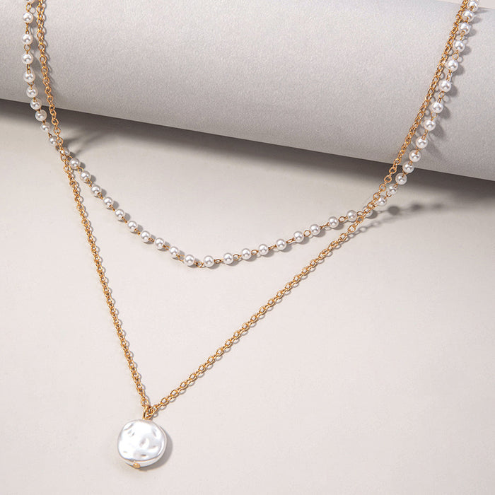 Pearl and Geometric Chain Double Layer Necklace - Elegant and Minimalist Jewelry for Women