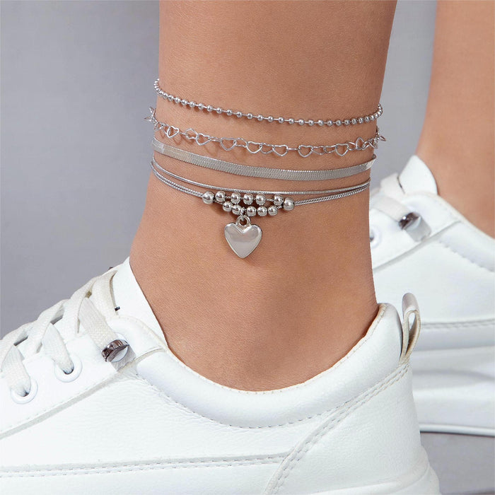 Stylish Heart Beaded Anklet Set – Fashionable Snake Chain 5-Piece Anklet Set