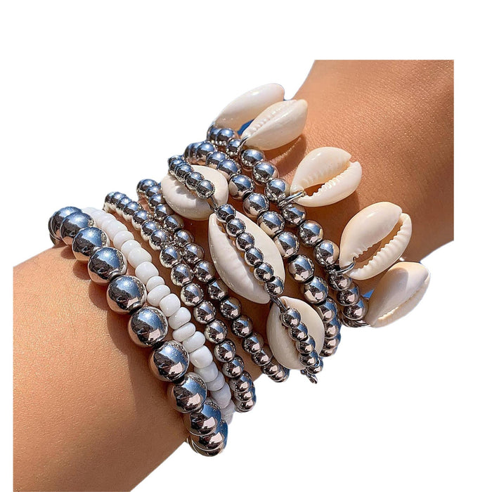 Beach Style Seed Bead Shell Pendant Layered Bracelet Set - Exaggerated Round Bead Jewelry