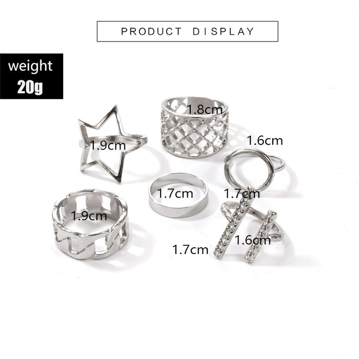 Vintage hollow wide-edge five-pointed star round open ring 6-piece set