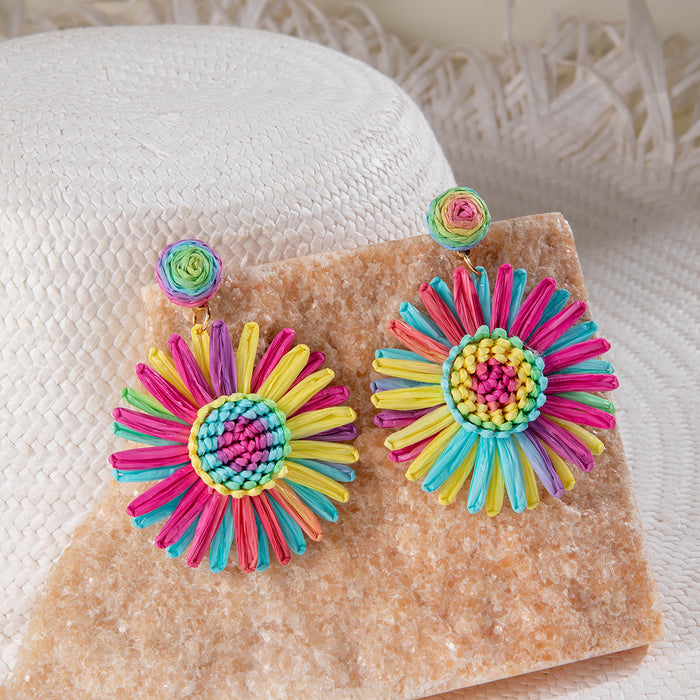 Colorful sunflower raffia earrings beach braided flower earrings