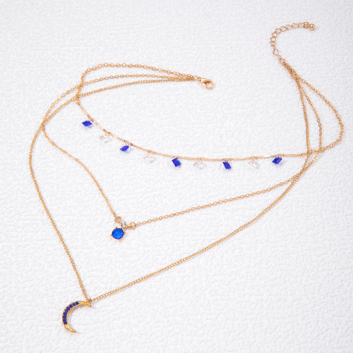 Sapphire Crescent Moon Pendant Necklace with Triple Layers