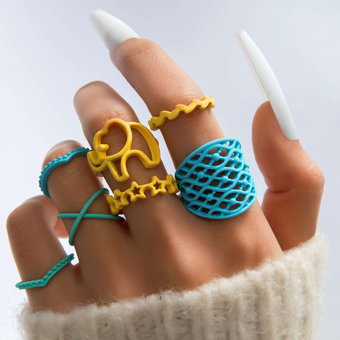 Colorful Snake Ring Set - 6-Piece Star and Animal Rings for Women