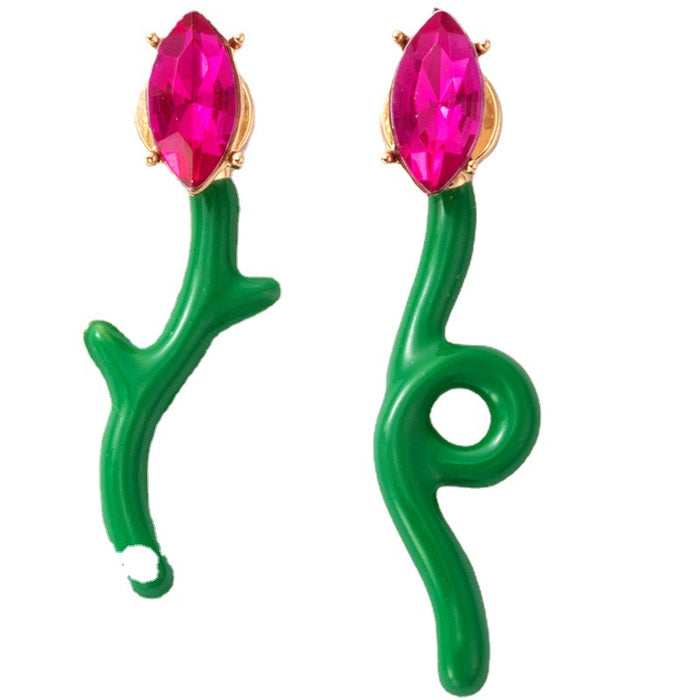 Pink diamond floral geometric irregular personality earrings