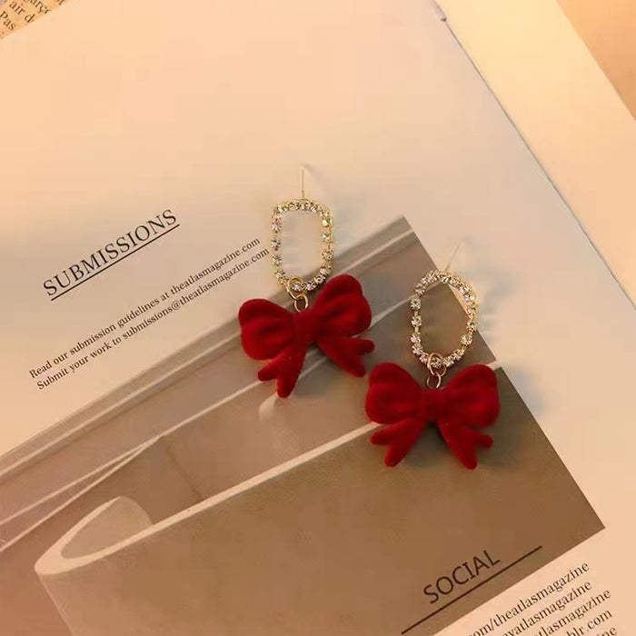 Black ribbon red bow earrings with diamond S925 silver autumn and winter new earrings