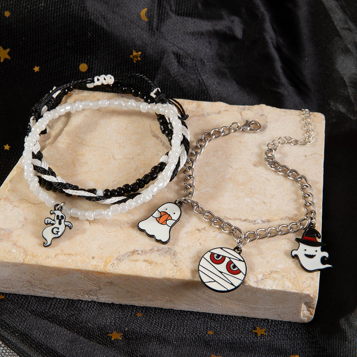 Halloween Devil and Ghost Beaded Bracelet Set - Four-Piece Beaded Jewelry with Enamel Accents