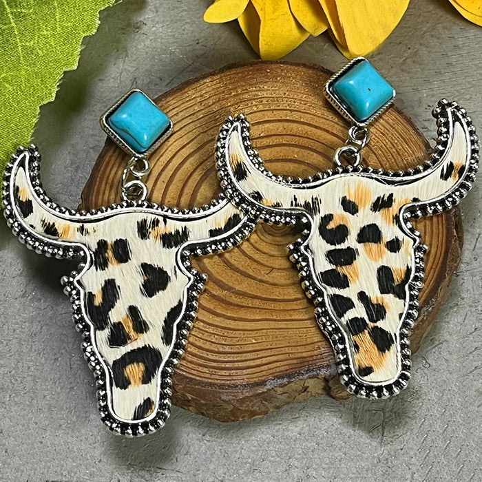 Pendientes de piel de vaca auténtica de estilo bohemio con cabeza de toro y turquesa estilo occidental