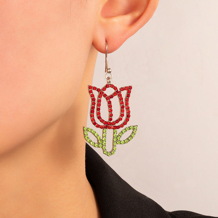 Red diamond big rose earrings