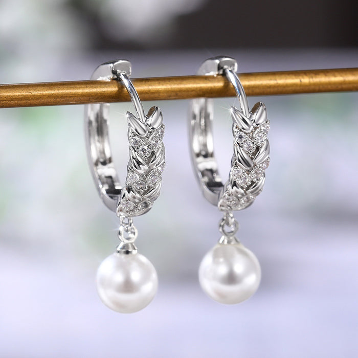 White gold plated zircon wheat imitation pearl shell bead earrings for women