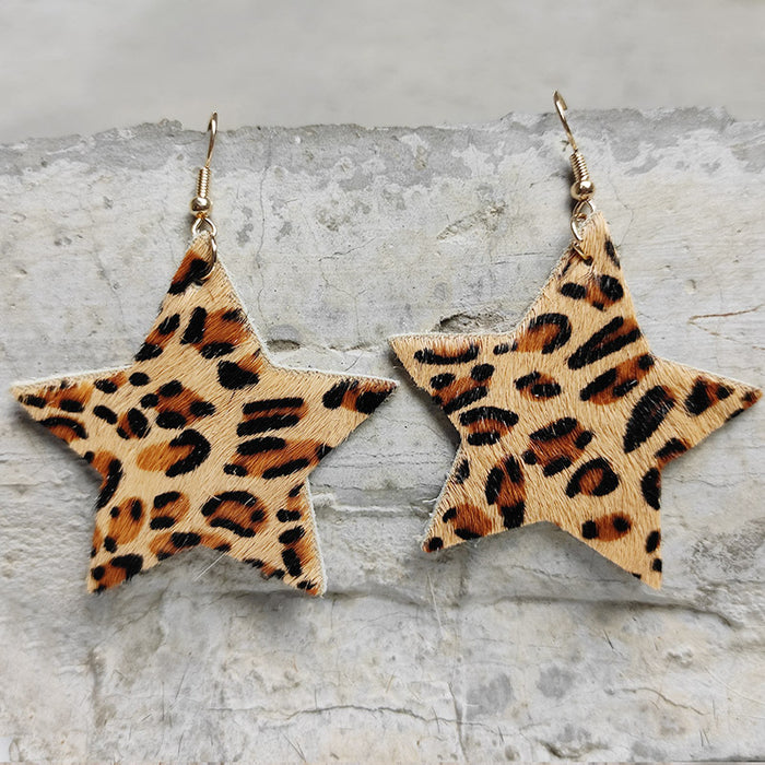 Western Long Hair Leather Star Earrings with Texas Wild Style