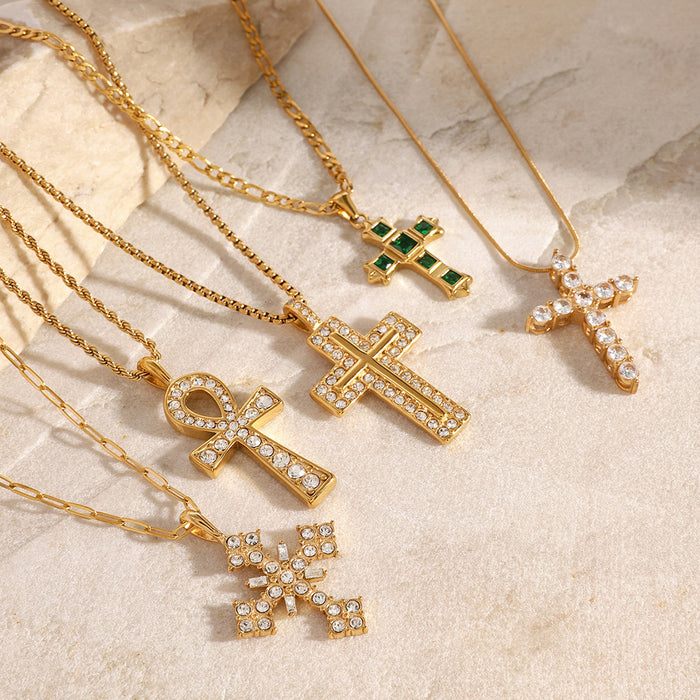 Stainless Steel Cross Pendant Necklace Zirconia Earrings