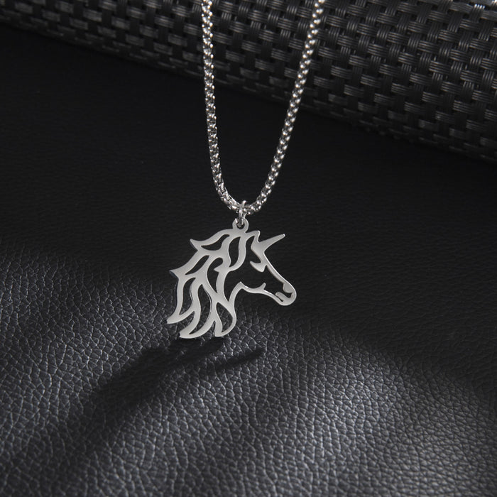 Unicorn pendant necklace, cross-border hollow fantasy stainless steel small animal foreign trade spot wholesale