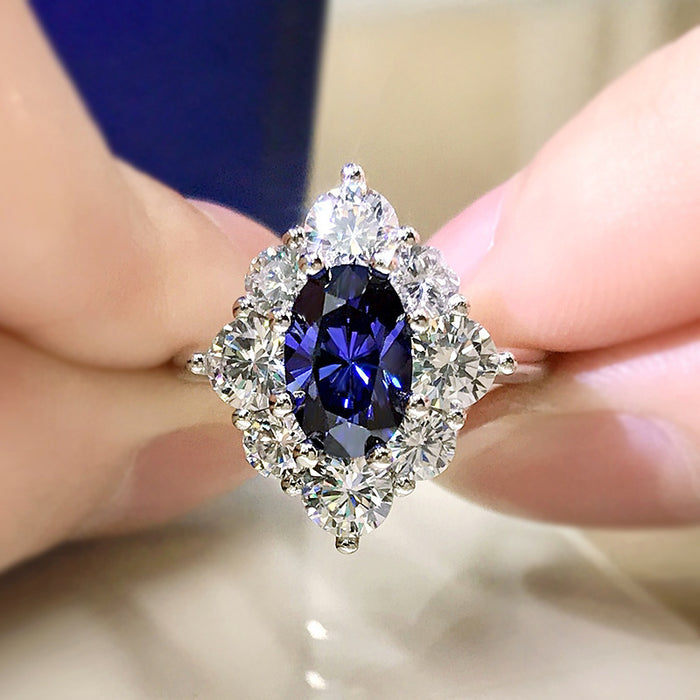 Light luxury royal blue zircon ring egg-shaped luxury encircled ladies ring