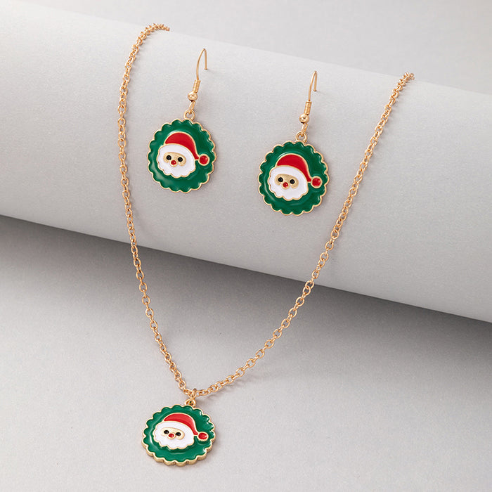 Christmas Santa Claus Pendant Jewelry Set - Geometric Necklace and Earring Set