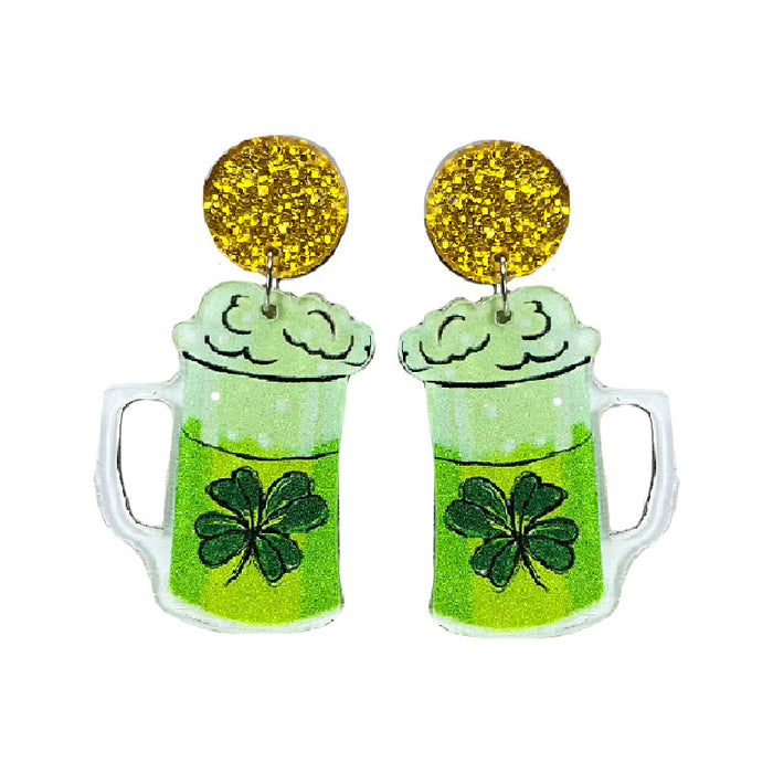 St. Patrick's Day Earrings with Shiny Clover, Beer, and Rainbow Designs