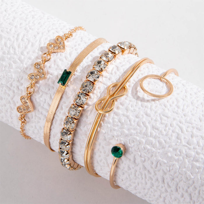 Heart and Geometric Bracelet Set - Five-Piece Diamond-Inlaid Jewelry