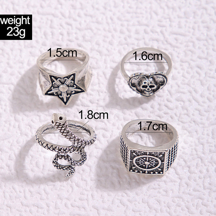 Star Heart Skull Snake Four-Piece Ring Set