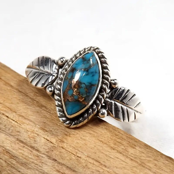 Anillo de hoja retro con forma de ojo de caballo, estilo palacio, textura de pluma, anillo femenino