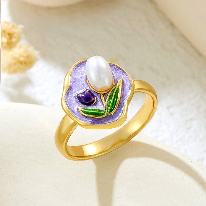 Wholesale copper micro-inlaid enamel painted drip flower open ring
