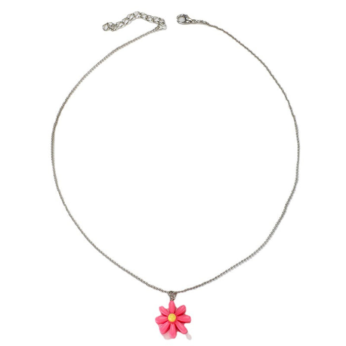 Simple Fresh Pink Resin Flower Single Layer Necklace with Geometric Floral Design