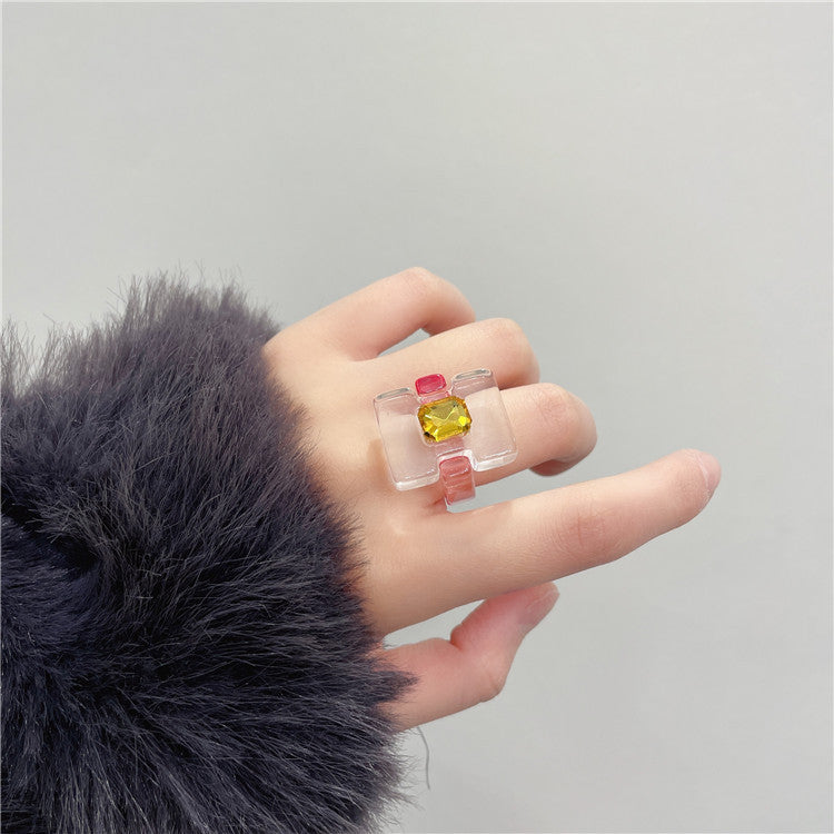 Pink Square Transparent Resin Ring - wallojewerly 