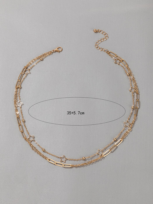 Gold Star Hollow Double Layer Necklace with Small Bead Chain and Alloy Multi-Layer Design