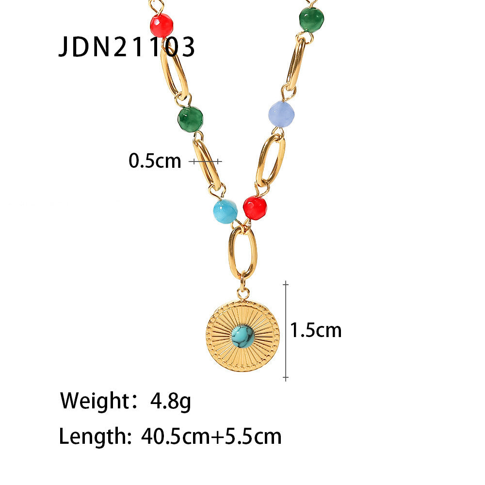 18K Gold-Plated Stainless Steel Necklace with Turquoise Pendant - Stylish Titanium Steel Jewelry with Colorful Beads