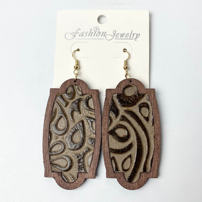 Vintage Floral Print Cowhide Earrings with Cross and Geometric Teardrop Wood Elements - wallojewerly 