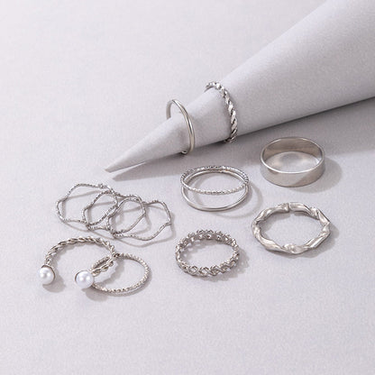 Ins Cool Minimalist Wave Twist Ring Set – Beaded Pearl Inlaid, 11-Piece Collection