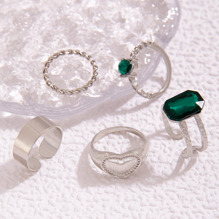 Imitation Emerald Geometric Heart Five-Piece Ring Set