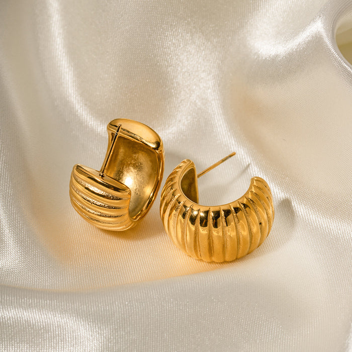 18K Gold Plated Stainless Steel Earrings - Bread Texture C-Shaped Design