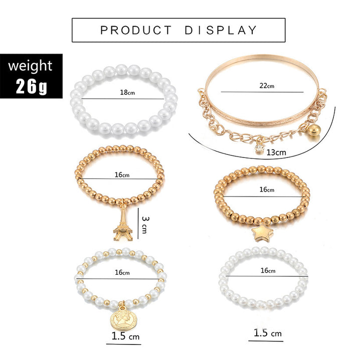 Eiffel Tower Pearl Bracelet Set - Six-Piece Multi-Layer Jewelry