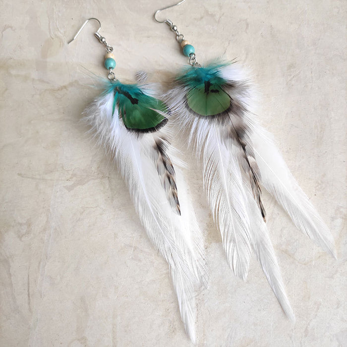 Bohemian Feather Earrings with Wood Beads and Turquoise Beads