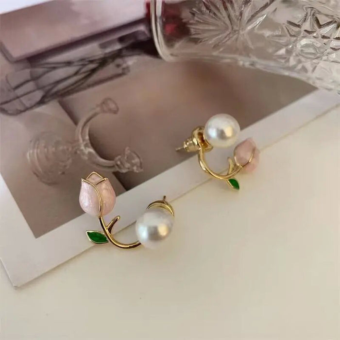 Pendientes de moda con forma de tulipán y clip de perlas de imitación