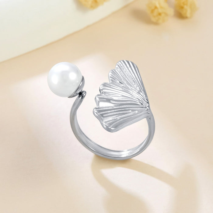 Wholesale stainless steel 18K gold sun scallop imitation pearl ring