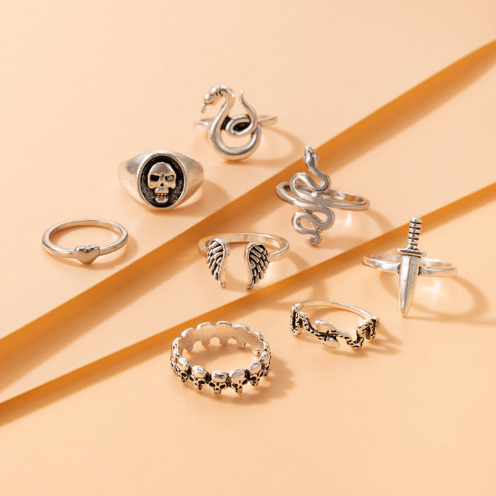 Snake Heart Vintage Skull Ring 8-Piece Set