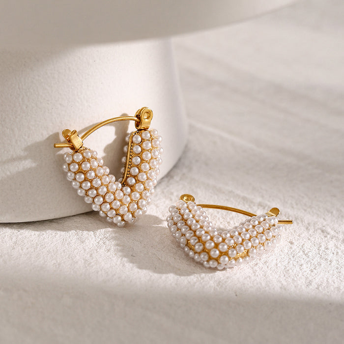 High-End 18K Gold Stainless Steel V-Shaped Pearl Earrings - Simple Fashion Titanium Steel Jewelry