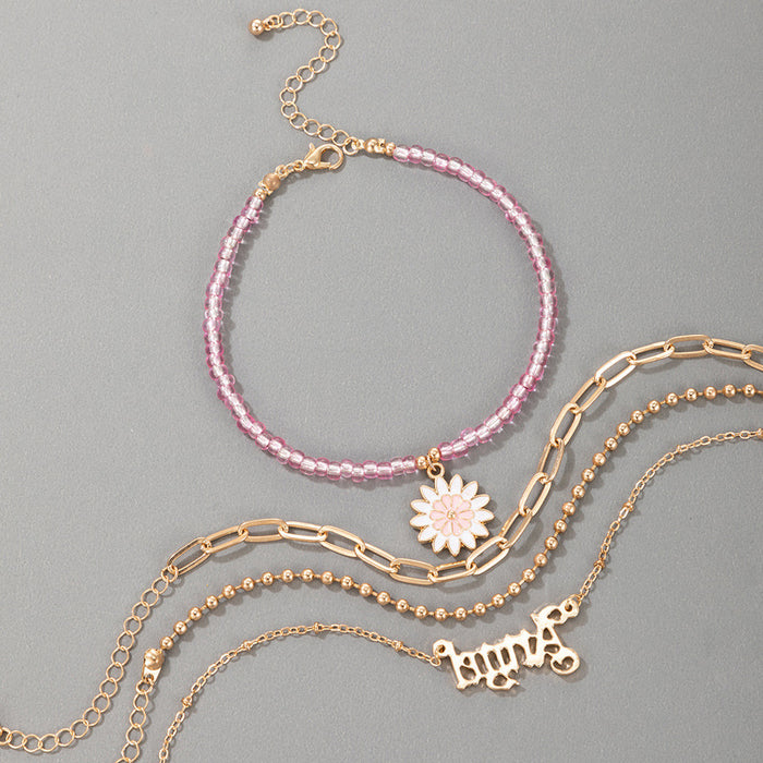 Daisy Enamel Beaded Anklet Set with Geometric Letter Quadruple-Layer Design