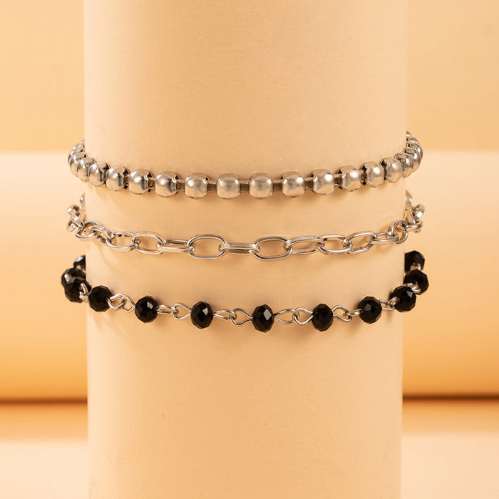 Black Beaded Triple-Layer Anklet with Geometric Chain Design