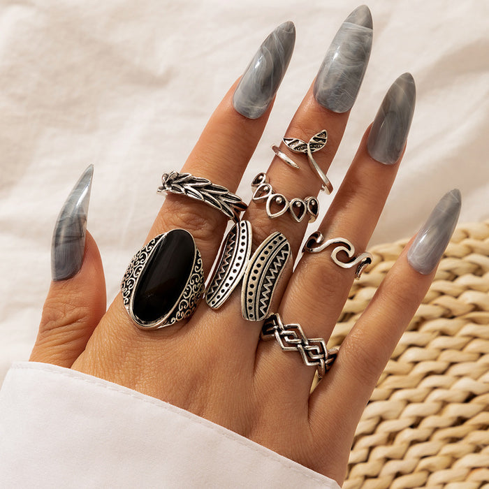 Bohemian Flower Ring Set - 11-Piece Vintage Black Gemstone Rings