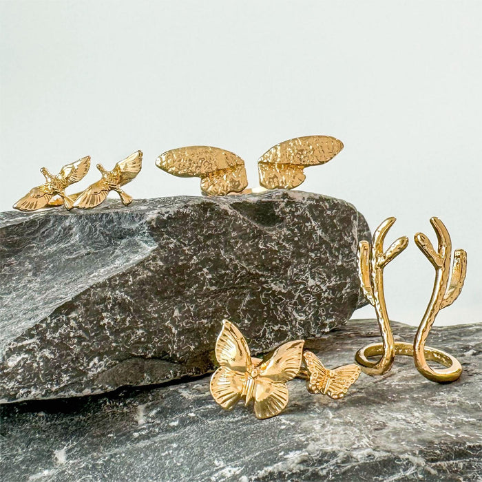 Butterfly and Antler Ring Set - 4-Piece Gold-Toned Bird Wing Rings