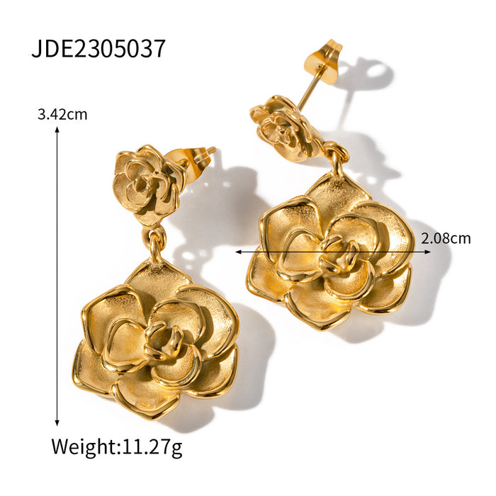 18K Gold Plated Stainless Steel Rose Flower Drop Earrings - Tarnish-Resistant Fashion Jewelry