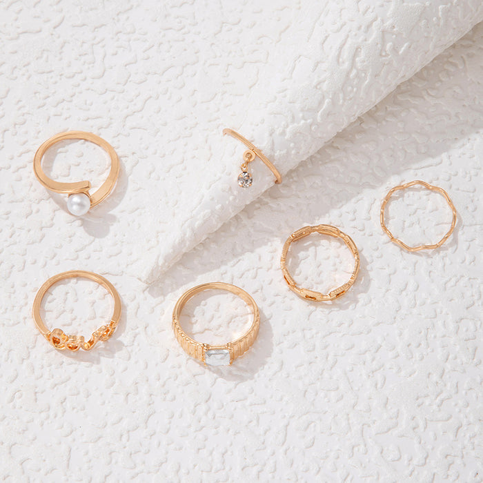 Pearl Letter Wave Hollow Square Six-Piece Ring Set