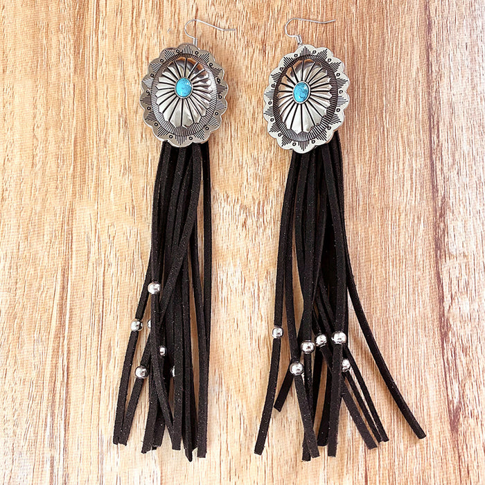 Western Pumpkin Flower Long Tassel Earrings with Vintage Turquoise Leather