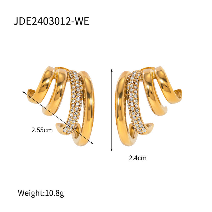 Summer New 18K Gold Stainless Steel White Diamond Earrings - Four-Layer C-Shaped Titanium Steel Jewelry