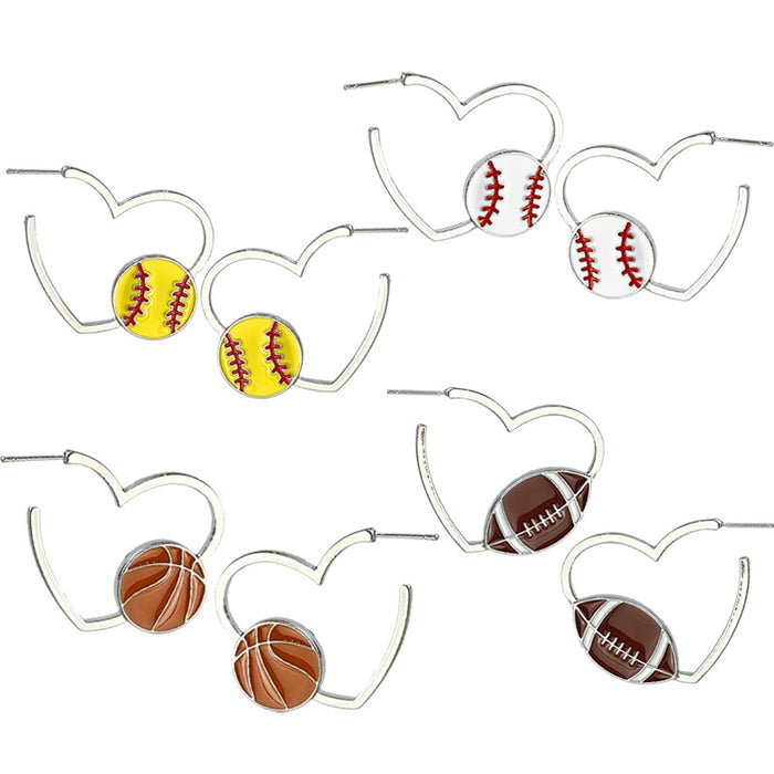 Metal Sports Theme Hoop Earrings with Basketball, Football, and Heart Designs