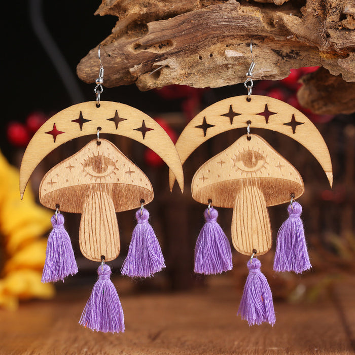 Halloween Tassel Earrings with Wooden Moon and Mushroom Design