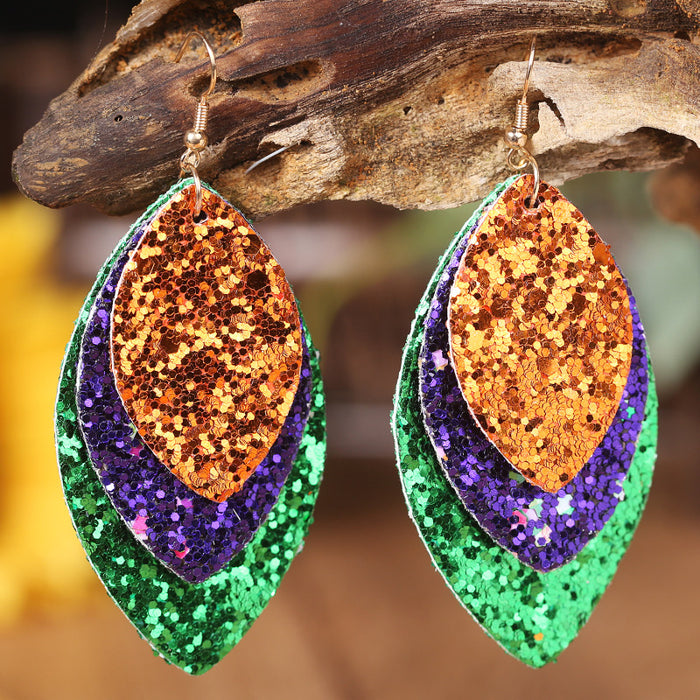 Halloween Glitter Leather Leaf Earrings with Geometric Design